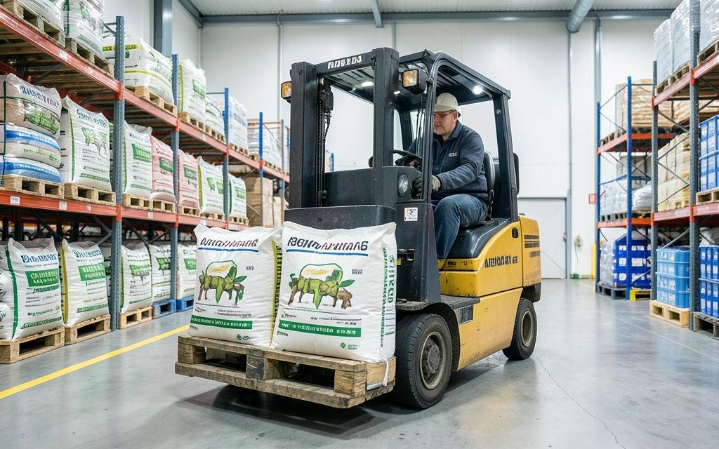 Forklift moving feed additive bags through a storage facility