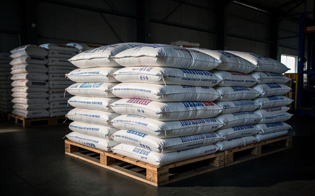 Pallets of feed additive sacks stacked in a warehouse